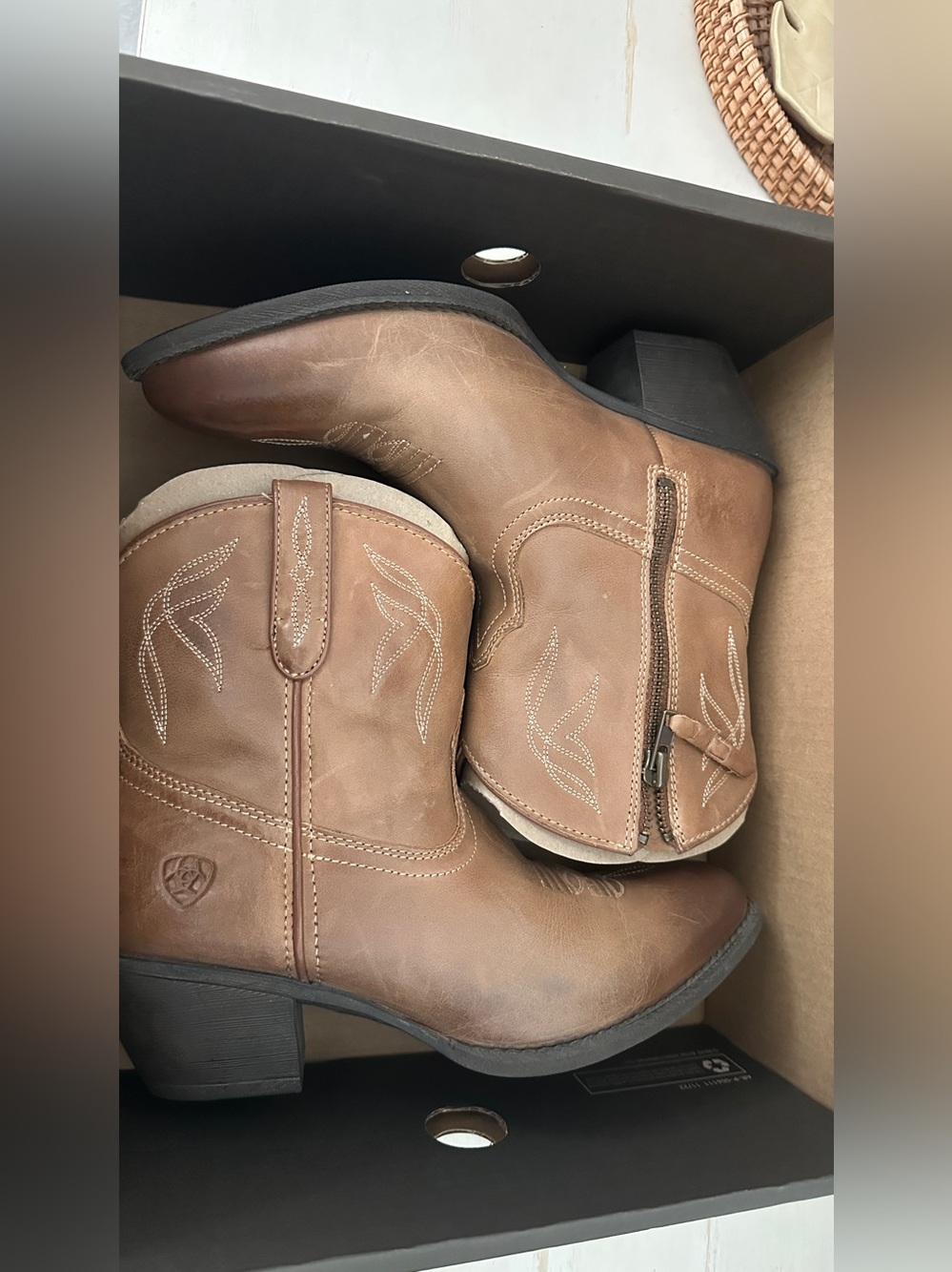 Womens Brown Leather Western Ankle Boots with Side Zip